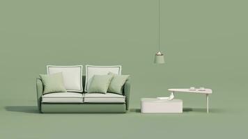 Interior of the room in plain monochrome pastel green color with armchair and room accessories. Light background with copy space. Trendy 3d render for social media banners, promotion, product show photo