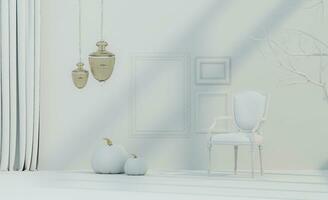 Minimal modern product display on white background.Vintage chairs,  Pumpkin and dry tree. Concept scene stage showcase for product. Frame on the wall. 3d render photo