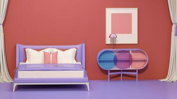 Interior design of purple bed room, interior concept of memphis design, Concept of minimalist design. Creative idea. Mock up. 3d rendering photo