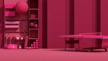 Viva magenta is a trend colour year 2023 in sport fitness equipment. Yoga mat, Laptop, Kettlebell on dark pink background. Trendy 3d render for lifting in the gym, home. photo