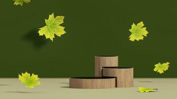 3D background, wood podium display. Natural dry autumn leaf falling. Green backdrop with leaves shadow. Fall product promotion Beauty cosmetic, yellow wooden stand. Studio Minimal, template 3D render photo