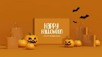 Happy Halloween background. Realistic 3d design stage podium, round studio, shopping bag, candle. Orange pumpkins, emotion on his face scary smile. Creative Banner, web poster. Autumn sale background photo