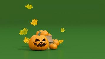 Happy Halloween background. Realistic 3d design stage podium, round studio, shopping bag, candle. Orange pumpkins, emotion on his face scary smile. Creative Banner, web poster. Autumn sale background photo