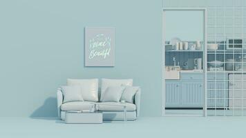 Pastel blue monochrome minimal living room. Minimal idea concept for study desk and workspace, frame photo. Mockup template, 3d rendering photo