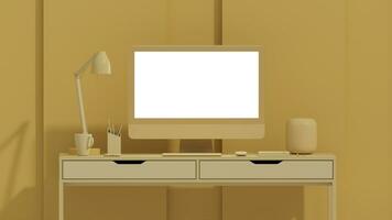 Pastel yellow monochrome minimal office table desk. Minimal idea concept for study desk and workspace, frame photo. Mockup template photo