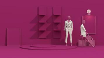 Viva magenta is a trend colour of fashion. Fashion lifestyle concept Mannequins with space for promotional advertisements on sales and podiums, shelf. Product show stand on dark pink background. photo