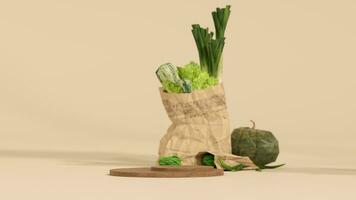 A bag of fresh fruits. Shopping bag with vegetables and fruits, wooden podium on beige white background. photo