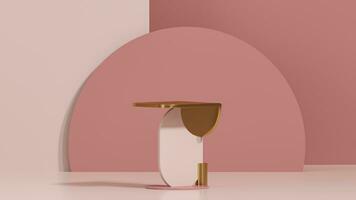 3D podium display, pastel pink background. Art deco steps and geometric shapes. sun shadow, minimal, beauty product presentation. White pedestal advertisement. Studio, abstract 3D render photo