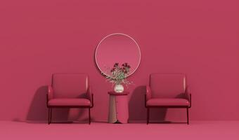 Viva magenta is a trend colour year 2023 in the living room. Interior of the room in plain monochrome dark pink color with furnitures and armchair, flower vase, lamp, mirror. 3d render photo