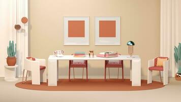 Interior design of orange brown living room with big table, frame picture on wall , interior concept of memphis design, Concept of minimalist design. Creative idea. Mockup. 3d rendering photo