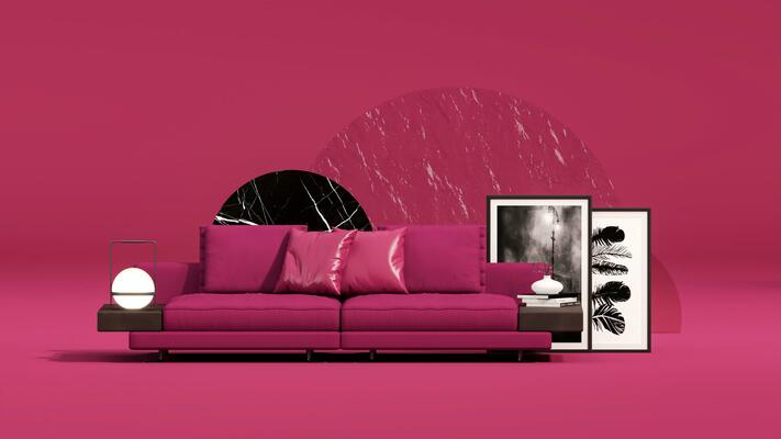 Viva magenta is a trend colour year 2023 in the living room. Interior of the room in plain monochrome dark pink color with furnitures and armchair, book, lamp. Creative interior design. 3d render