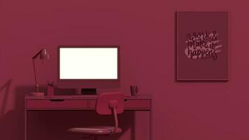Viva magenta is a trend colour year 2023 in the office. Business teamwork concept. Employee working on computer. There are desktops on the tables.Creative interior design. photo