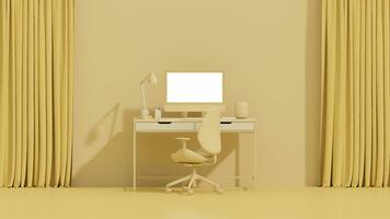 Pastel yellow monochrome minimal office table desk. Minimal idea concept for study desk and workspace, frame photo. Mockup template photo