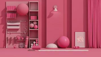 Sport fitness equipment, yoga mat, Kettlebell, dumbbells on pink background. Trendy 3d render for fitness, lifting in the gym, home. photo