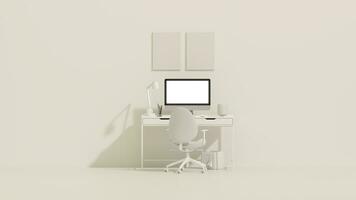 White and beige monochrome minimal office table desk. Minimal idea concept for study desk and workspace, frame photo. Mockup template, photo