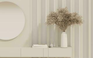 3D render close up blank empty space on modern beige dressing table with round mirror, decor dried pampas grass, aroma fragrance sticks in luxury container. Beauty products display. photo