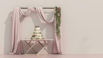 Climbing pink rose arc and three-tier wedding cake decorated with fresh pastel flowers. front view isolated on pink background. 3D Rendering, Illustration. photo