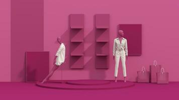 Viva magenta is a trend colour of fashion. Fashion lifestyle concept Mannequins with space for promotional advertisements on sales and podiums, shelf. Product show stand on dark pink background. photo