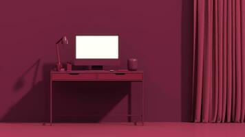 Viva magenta is a trend colour year 2023 in the office. Business teamwork concept. Employee working on computer. There are desktops on the tables.Creative interior design. photo