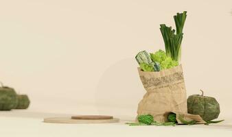 A bag of fresh fruits. Shopping bag with vegetables and fruits, wooden podium on beige white background. photo