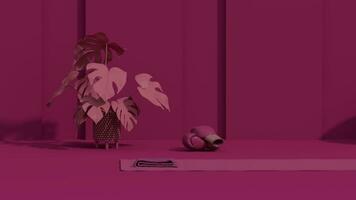 Viva magenta is a trend colour year 2023 in sport fitness equipment. Yoga mat, Laptop, Kettlebell on dark pink background. Trendy 3d render for lifting in the gym, home. photo