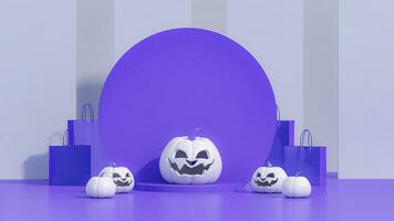 Purple pumpkin on a pastel purple background. Jack O lantern pumpkin on Happy Halloween holiday concept. 3d render. photo