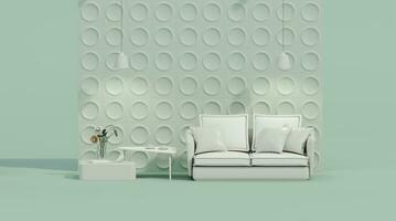 Interior of the room in plain monochrome pastel green color with armchair and room accessories. Light background with copy space. Trendy 3d render for social media banners, promotion, product show photo