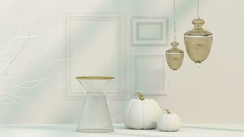 Minimal modern product display on white background. White pumpkin and white dry tree. Concept scene stage showcase for product. Frame on the wall. 3d render photo