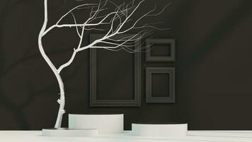 3d minimal white display podium with white dry tree, vintage frame against white background. 3d rendering of realistic presentation for product advertising. minimal illustration. photo