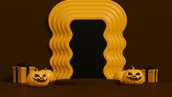 Happy Halloween background. Realistic 3d design stage podium, round studio, shopping bag, candle. Orange pumpkins, emotion on his face scary smile. Creative Banner, web poster. Autumn sale background photo