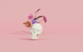 3D rendering for Day of the Dead, Dia de muertos altar concept. Composition of cute sugar skulls, podium and colorful flowers of the dead on pink background photo