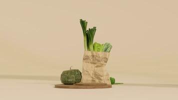 Shopping bag with vegetables and fruits, wooden podium on beige white background. photo