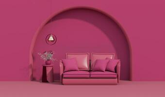 Viva magenta es un tendencia color año 2023 en el vivo habitación. interior de el habitación en llanura monocromo oscuro rosado color con muebles y sillón, flor florero, lámpara, espejo. 3d hacer foto