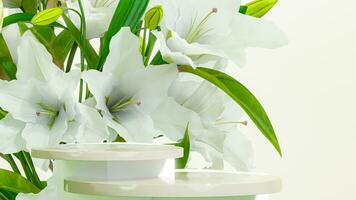 Branch of white lilies flowers with podium. Minimal pedestal for beauty, cosmetic product. Valentine, feminine copy space template 3d render. photo