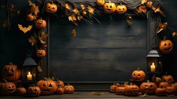 Halloween welcome signboard mockup with pumpkins, lantern and fallen leaves. Black board with autumn holiday decoration with copy space. AI Generated photo