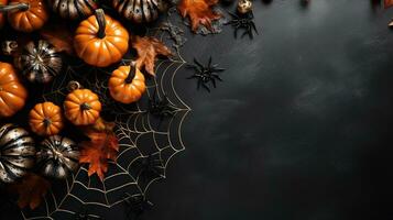 Happy halloween flat lay mockup with spiders, decoration and spider on black background. Autumn holiday concept composition. Top view with copy space. AI Generated photo