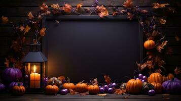 Víspera de Todos los Santos Bienvenido letrero Bosquejo con calabazas, linterna y caído hojas. negro tablero con otoño fiesta decoración con Copiar espacio. ai generado foto