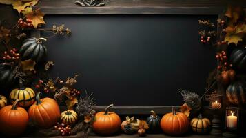 Halloween welcome signboard mockup with pumpkins, lantern and fallen leaves. Black board with autumn holiday decoration with copy space. AI Generated photo