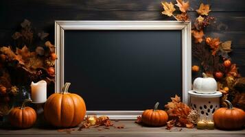 Halloween welcome signboard mockup with pumpkins, lantern and fallen leaves. Black board with autumn holiday decoration with copy space. AI Generated photo