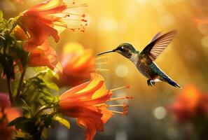 pecho escamoso colibrí alimentación en flores creado con generativo ai foto