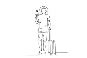 A man carrying a suitcase shows his passport vector