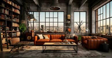 Industrial loft style empty old apartment warehouse interior, brick wall, concrete floor - AI generated image photo