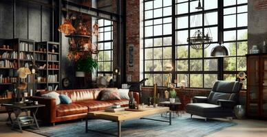 Industrial loft style empty old apartment warehouse interior, brick wall, concrete floor - AI generated image photo