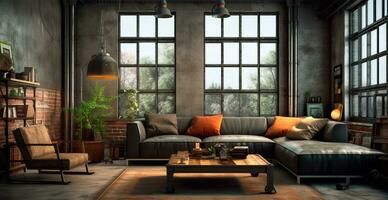 Industrial loft style empty old apartment warehouse interior, brick wall, concrete floor - AI generated image photo