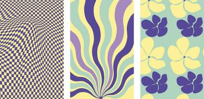 Collection of retro checkerboard backgrounds featuring vivid hues. A groovy and psychedelic chessboard pattern inspired by the 60s and 70s. vector