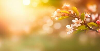 Spring season flowering plant branches with wooden table stand, floral panoramic background - AI generated image photo