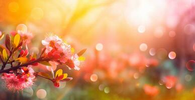 Spring season flowering plant branches with wooden table stand, floral panoramic background - AI generated image photo