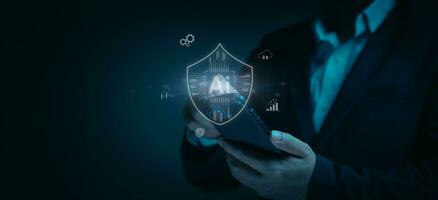 Closeup hand businessman holding smartphone business and data protection with AI, Biometric security identify, online access business data. Cybersecurity technology prevents unauthorized access photo