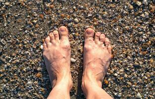 Female feet on the sea sand from seashells, top view. Natural look. Vacation and travel concept. photo