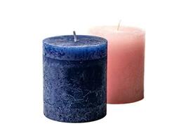 Blue and pink cylindrical wax candles, set, isolate on white background. Side view. photo